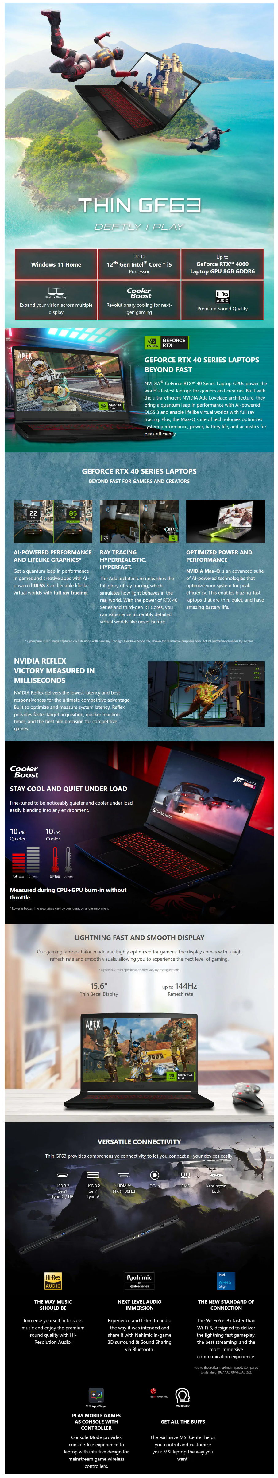 A large marketing image providing additional information about the product MSI Thin GF63 12VF-448AU 15.6" 144Hz 12th Gen i5 12450H RTX 4060 Win 11 Gaming Notebook - Additional alt info not provided